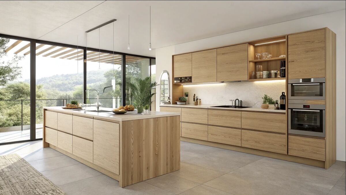 Finished modern kitchen with light wood cabinets, a large island, and floor-to-ceiling windows