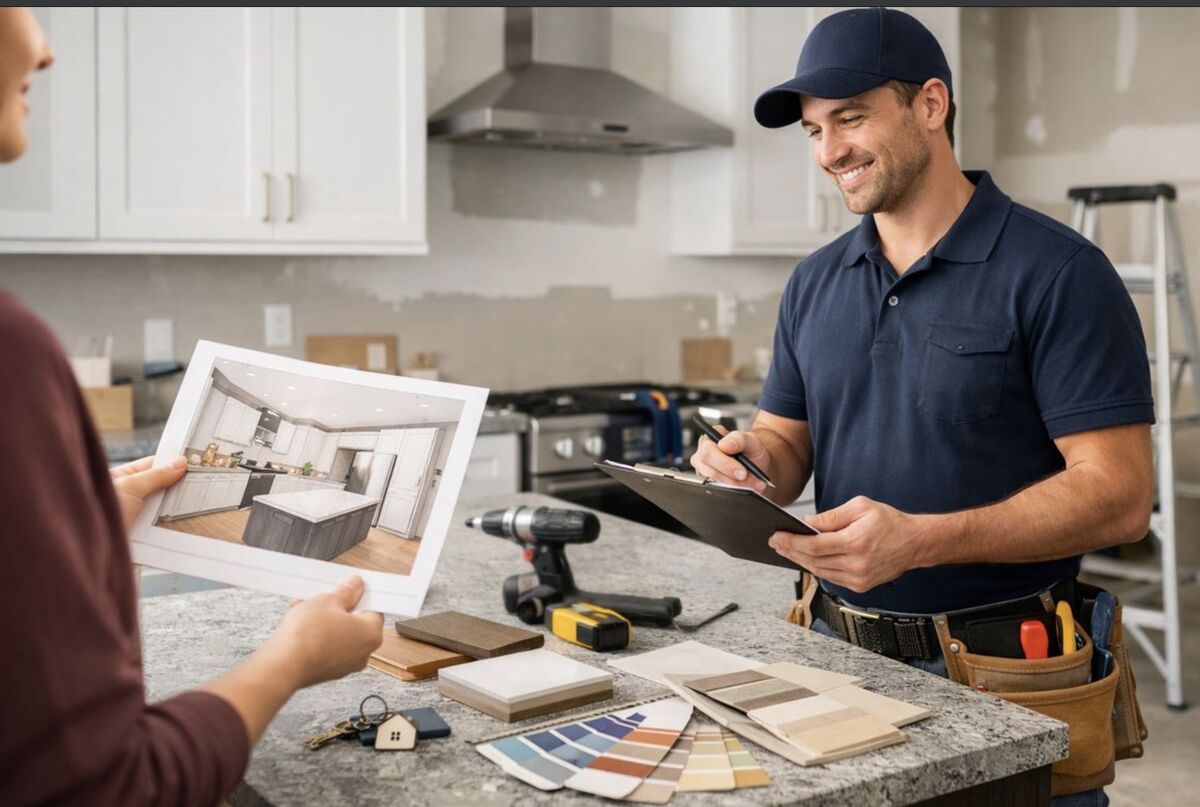 SoFlo contractor reviewing a kitchen design and material samples with a homeowner