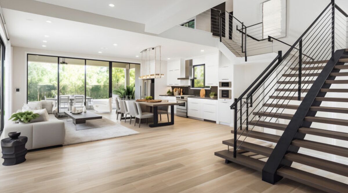 Bright open-concept home with light wood floors, a modern kitchen, and a floating staircase